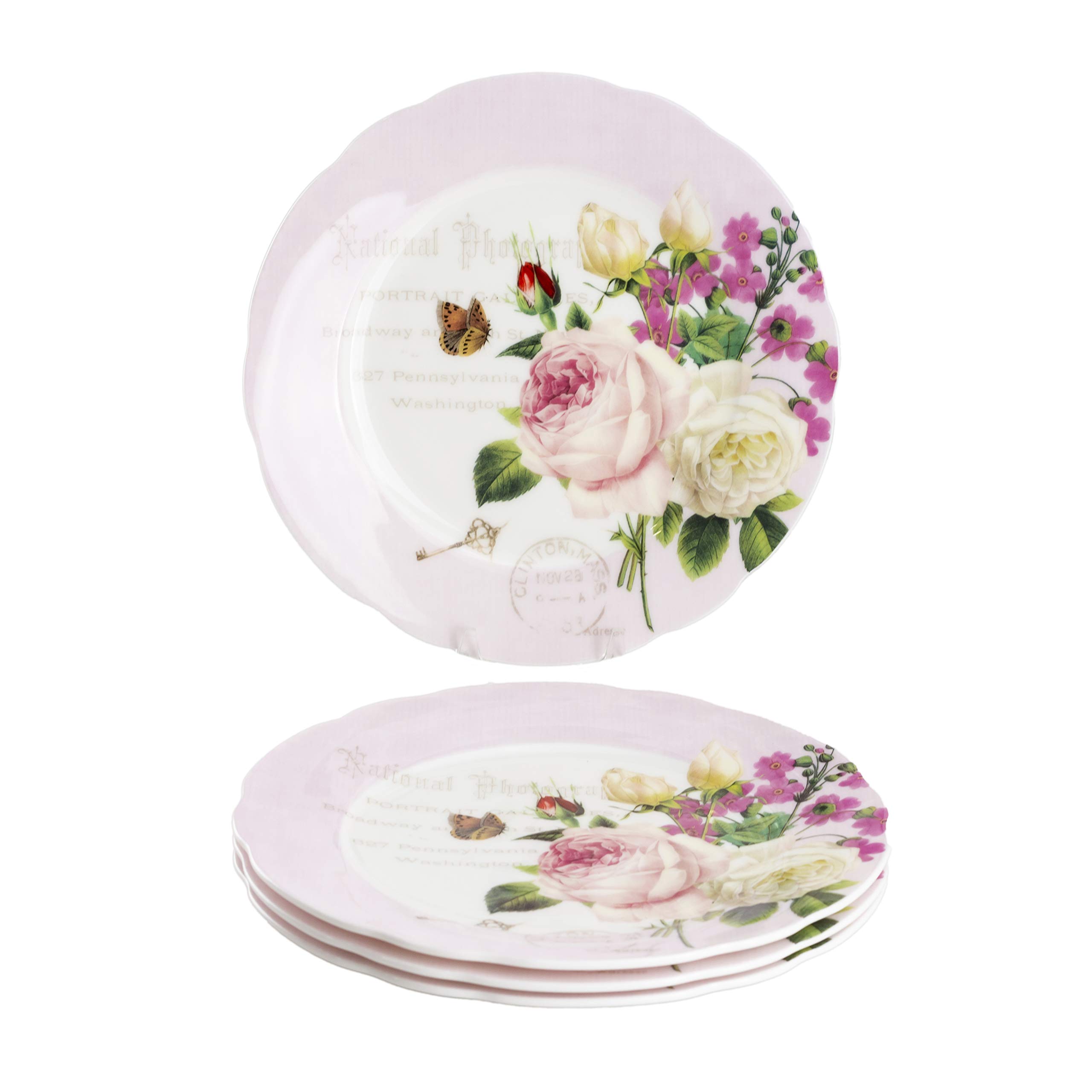 Gracie Bone China by Coastline Imports Pink Rose Butterfly 7.5-Inch Set of 4 Bone China Dessert Plates