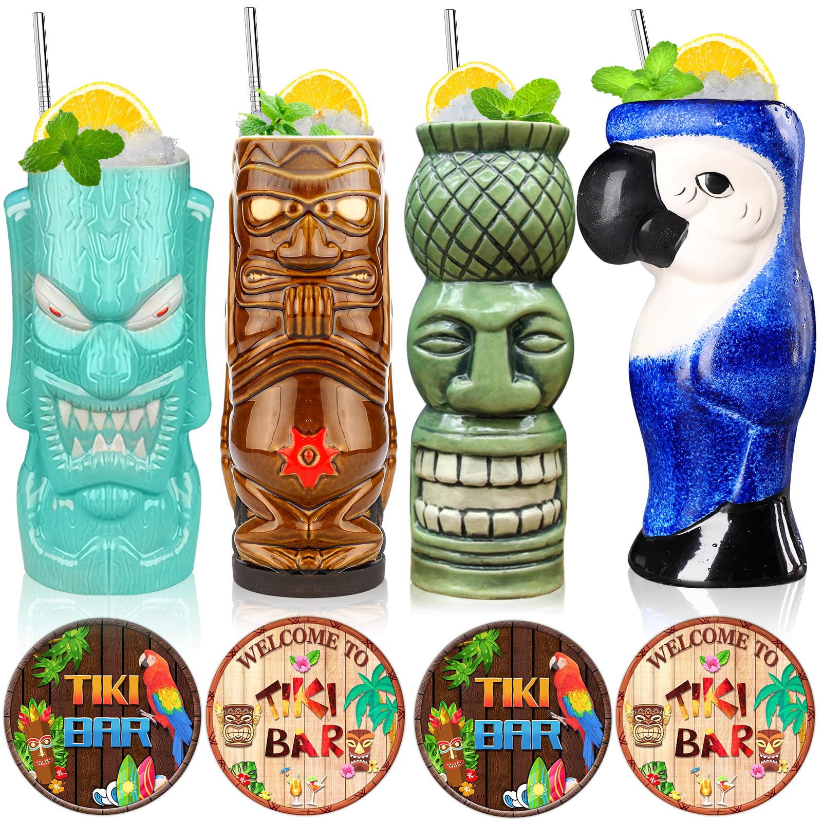 Tiki Mugs Set of 4 - Large Ceramic Hawaiian Party Mugs Drinkware Cocktails Premium Tropical Cups cute exotic cocktail glasses-TJB08 (4)