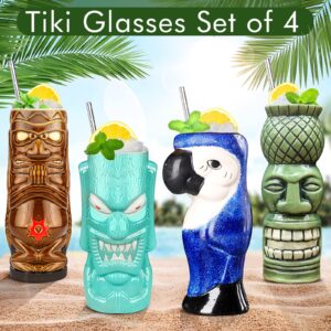 Tiki Mugs Set of 4 - Large Ceramic Hawaiian Party Mugs Drinkware Cocktails Premium Tropical Cups cute exotic cocktail glasses-TJB08 (4)