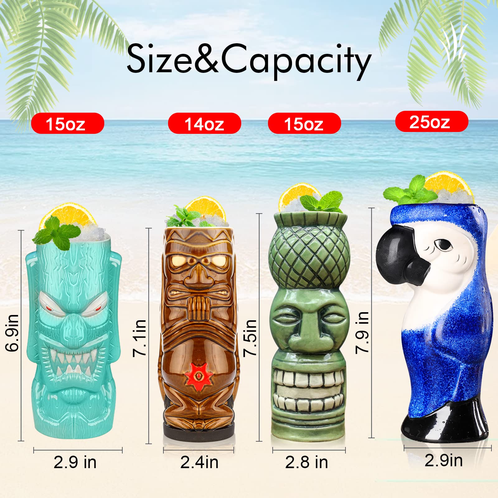 Tiki Mugs Set of 4 - Large Ceramic Hawaiian Party Mugs Drinkware Cocktails Premium Tropical Cups cute exotic cocktail glasses-TJB08 (4)