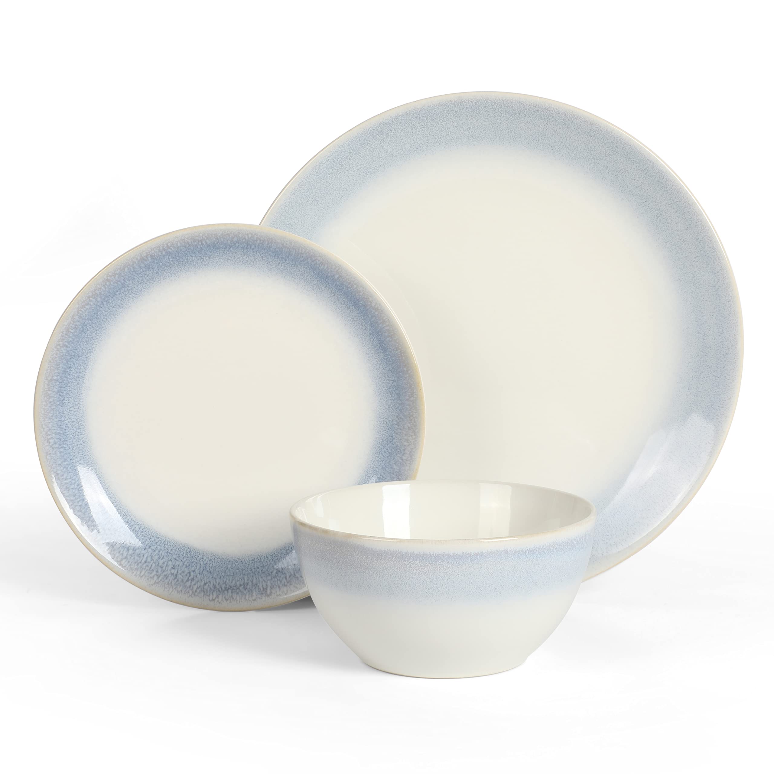 Martha Stewart Perry Street Stoneware Reactive Dinnerware Set - White w/Blue Rim, Service for 4 (12pcs)