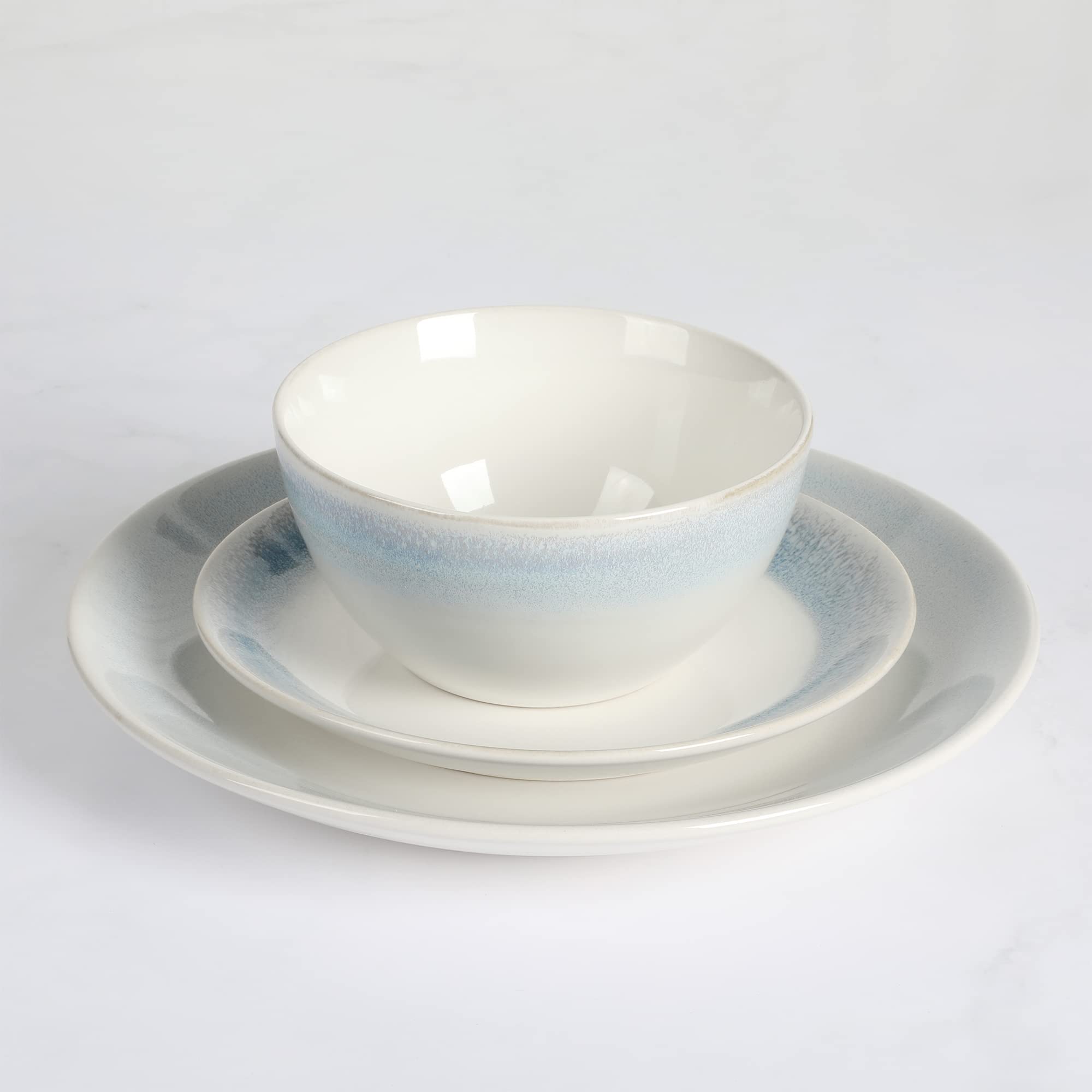 Martha Stewart Perry Street Stoneware Reactive Dinnerware Set - White w/Blue Rim, Service for 4 (12pcs)