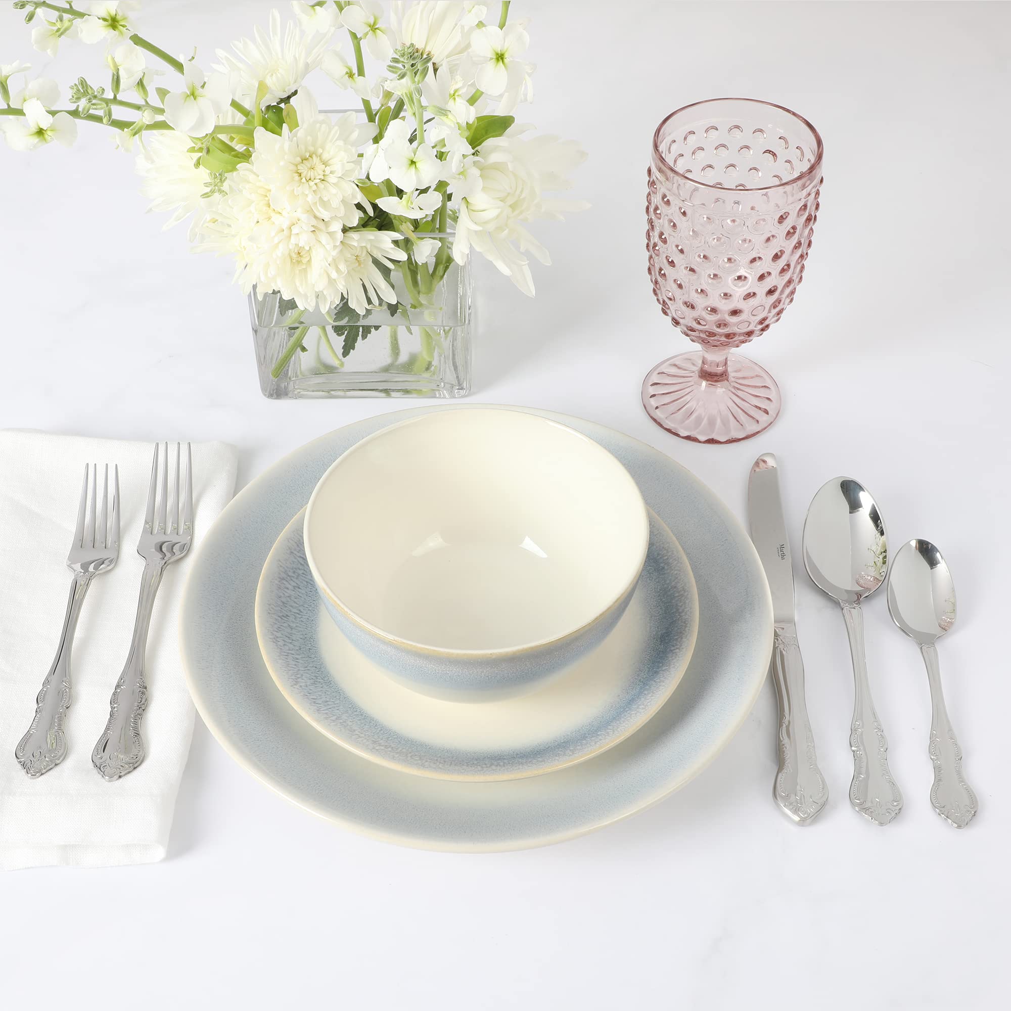 Martha Stewart Perry Street Stoneware Reactive Dinnerware Set - White w/Blue Rim, Service for 4 (12pcs)