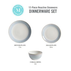 Martha Stewart Perry Street Stoneware Reactive Dinnerware Set - White w/Blue Rim, Service for 4 (12pcs)