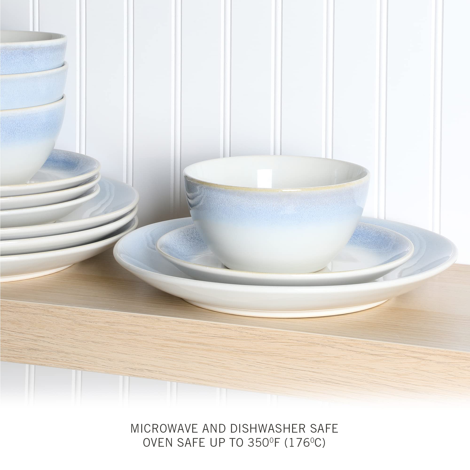 Martha Stewart Perry Street Stoneware Reactive Dinnerware Set - White w/Blue Rim, Service for 4 (12pcs)