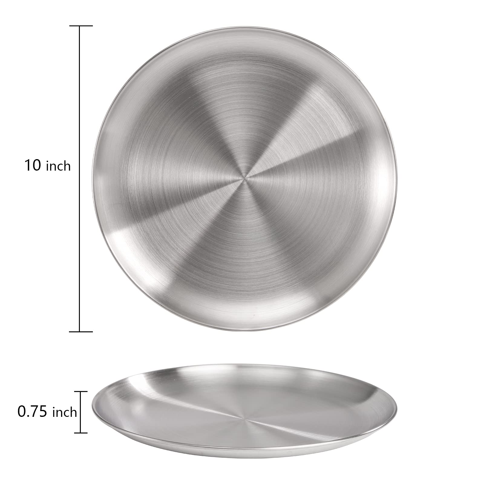 TOPZEA 4 Pack 304 Stainless Steel Dinner Plates, 10 Inch Matte Polished Metal Round Camping Dishes Set Rust-Proof Food Serving Platter for Salad, Appetizer, Fruit, Dessert, Dishwasher Safe