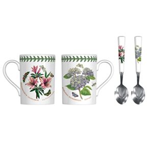 portmeirion botanic garden mug and teaspoon set | azalea & hydrangea floral motifs | 4 piece mug and spoon set | 11 oz mugs and 6” teaspoons | made from ceramic and stainless steel