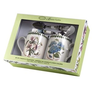 Portmeirion Botanic Garden Mug and Teaspoon Set | Azalea & Hydrangea Floral Motifs | 4 Piece Mug and Spoon Set | 11 Oz Mugs and 6” Teaspoons | Made from Ceramic and Stainless Steel