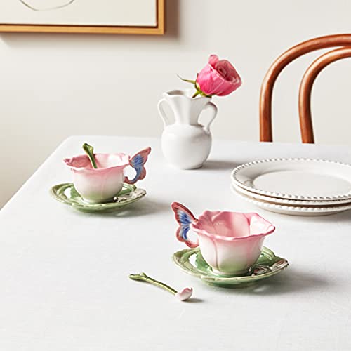 Cosmos Gifts Ceramic Rose Cup and Saucer, Set of 2