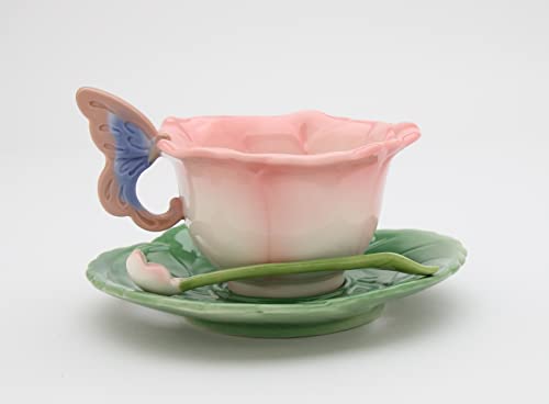 Cosmos Gifts Ceramic Rose Cup and Saucer, Set of 2