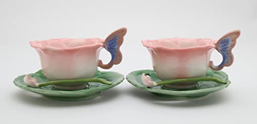 Cosmos Gifts Ceramic Rose Cup and Saucer, Set of 2