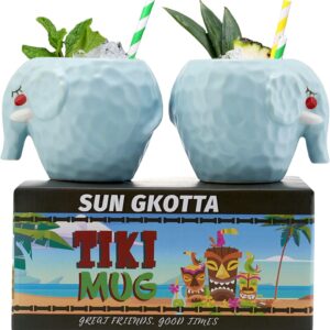 SUN GKOTTA Ceramic Mug elephant Shape Tiki Mugs Set of 2,Tiki Cups,Cute Exotic Cocktail Glasses for Bar Mai Tai, Punch, Pina Colada, and Tropical Drinks