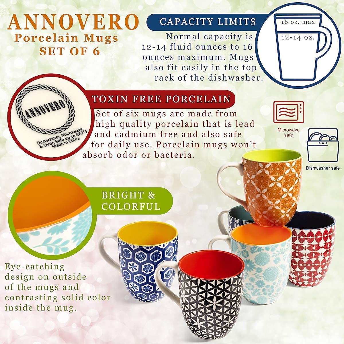 Annovero Mugs, Cereal Bowls, Salad Plates, Dinner Plates. Cute and Colorful Porcelain Dishes for Kitchen, Microwave and Oven Safe. Bundle