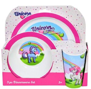 upd unicorn rainbow dinner set (plate, cup & bowl) in open box, pink (3 piece set)