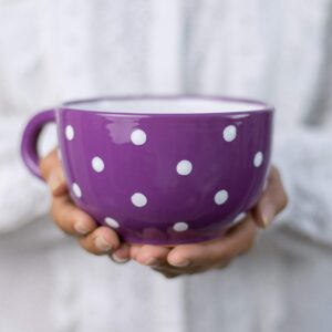 city to cottage handmade ceramic designer purple and white polka dot cup, unique extra large 17.5oz/500ml pottery cappuccino, coffee, tea, soup mug | housewarming gift for tea lovers