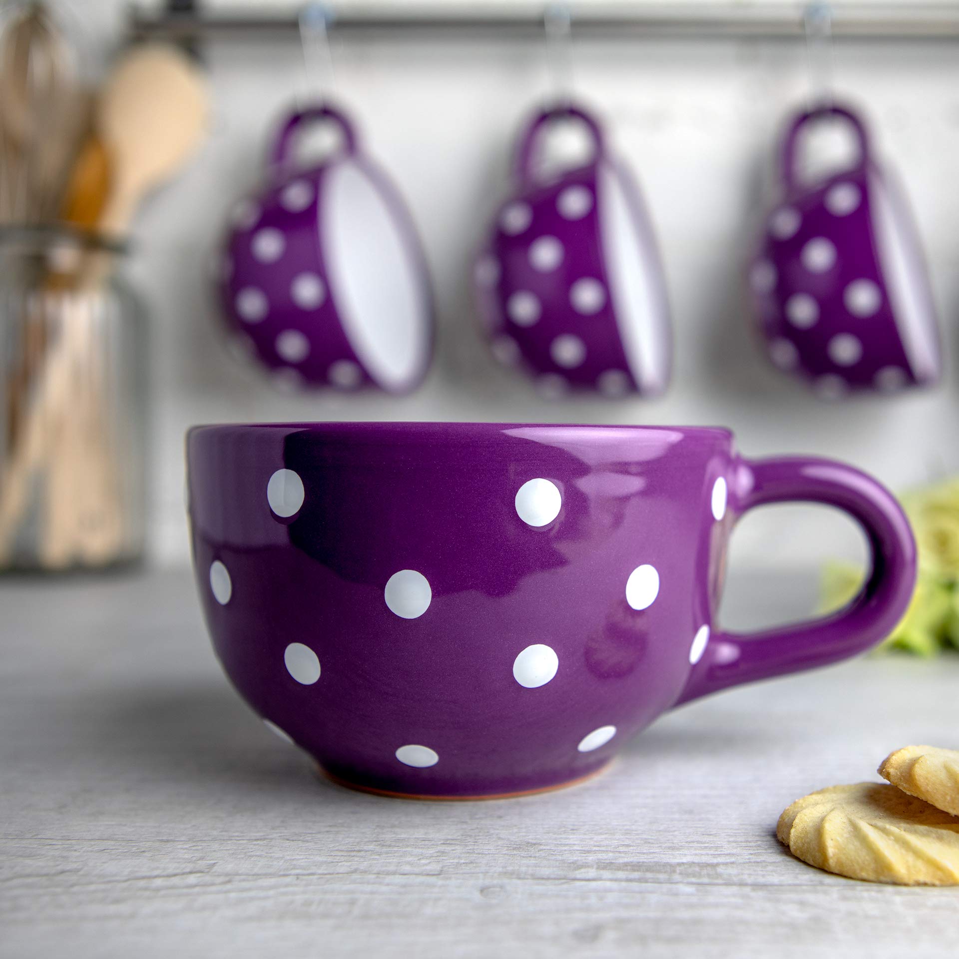 City to Cottage Handmade Ceramic Designer Purple and White Polka Dot Cup, Unique Extra Large 17.5oz/500ml Pottery Cappuccino, Coffee, Tea, Soup Mug | Housewarming Gift for Tea Lovers