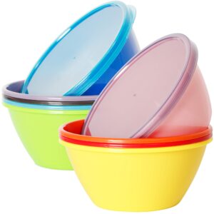 youngever 22 ounce plastic bowls with lids, cereal bowls, soup bowls, food storage containers, set of 9 in 9 assorted colors