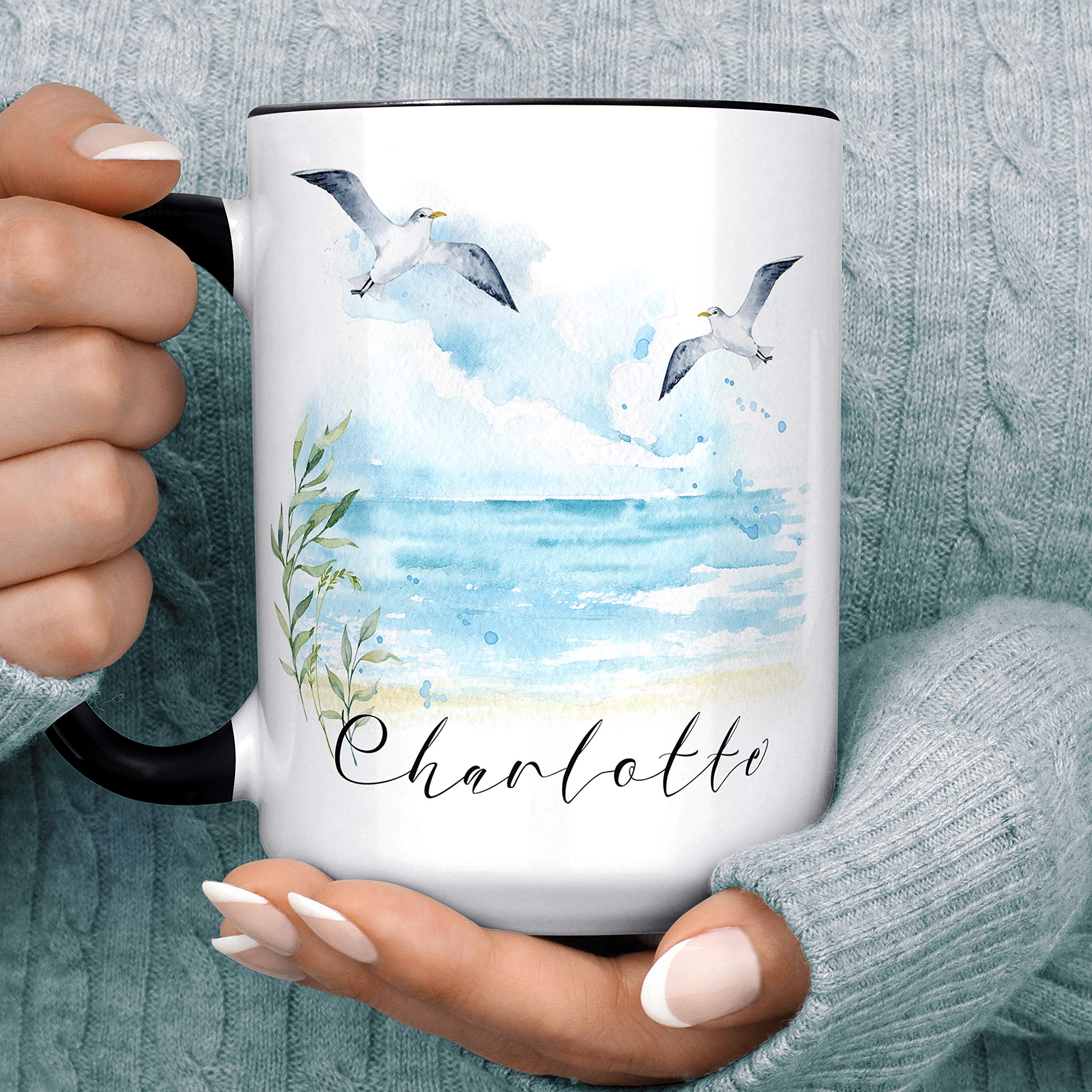 Watercolor Coastal Beach Scene Personalized Ocean Coffee Mug | Custom Name Microwave Dishwasher Safe Ceramic Cup