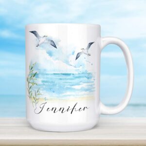 Watercolor Coastal Beach Scene Personalized Ocean Coffee Mug | Custom Name Microwave Dishwasher Safe Ceramic Cup