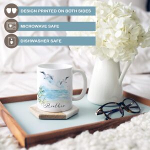 Watercolor Coastal Beach Scene Personalized Ocean Coffee Mug | Custom Name Microwave Dishwasher Safe Ceramic Cup