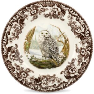 spode woodland dinner plate, birds of prey | 10.5 inch | hunting cabin, lodge, birding and cottage décor | made in england from fine earthenware | microwave and dishwasher safe (snowy owl)