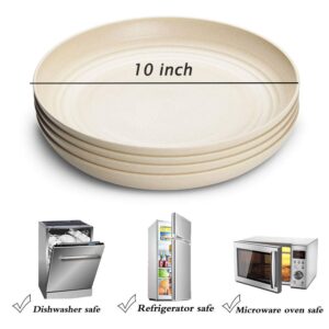 NAWOVAO Wheat Straw Plates Plastic Plates Reusable 10 Inch - Microwave Safe Plates for Kitchen Set of 4, Unbreakable Dinner Plates, BPA Free