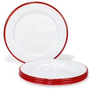red co. set of 4 enamelware metal classic 8" round salad plate, solid white/red rim