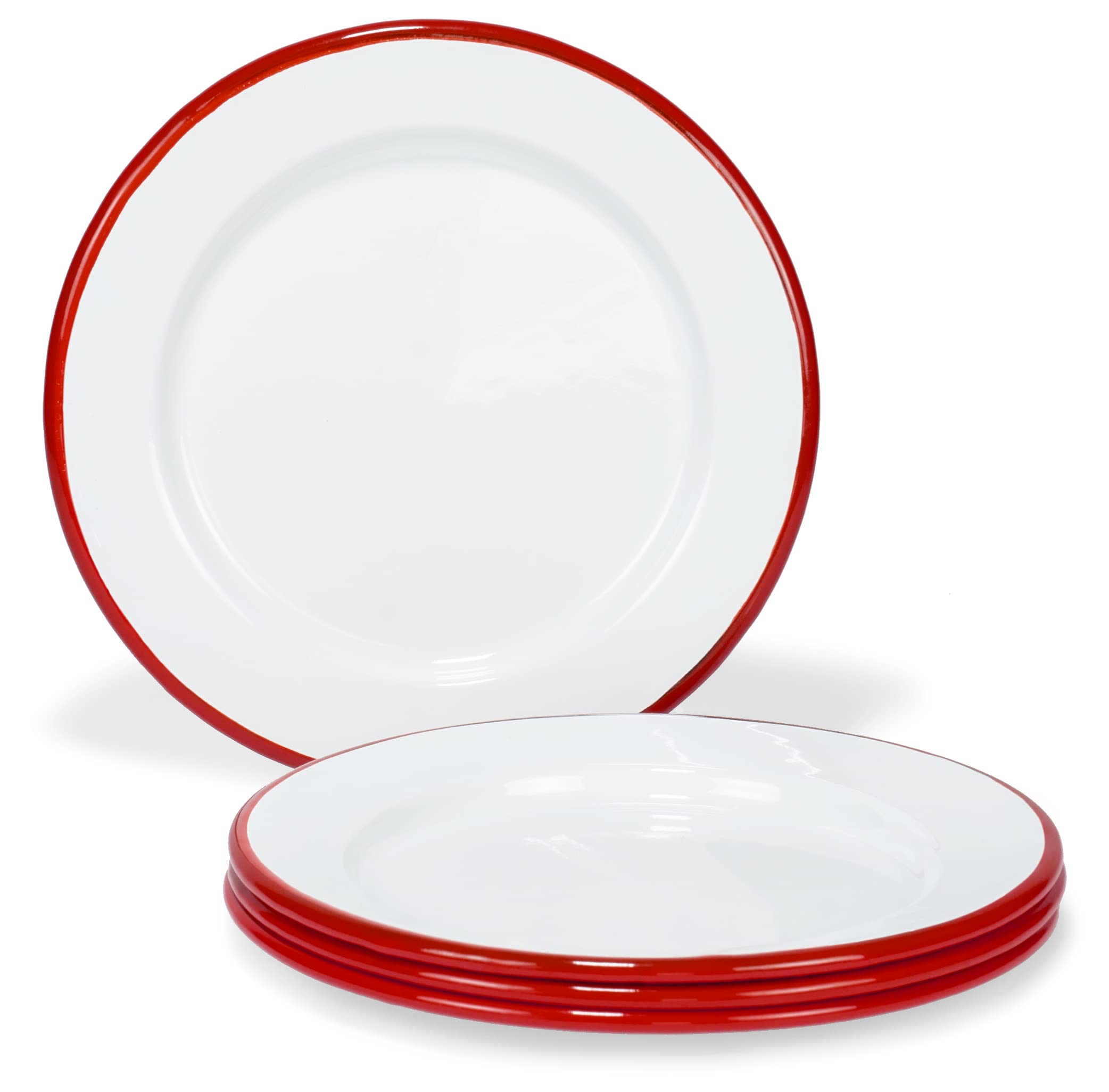 Red Co. Set of 4 Enamelware Metal Classic 8" Round Salad Plate, Solid White/Red Rim