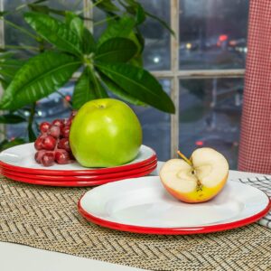 Red Co. Set of 4 Enamelware Metal Classic 8" Round Salad Plate, Solid White/Red Rim