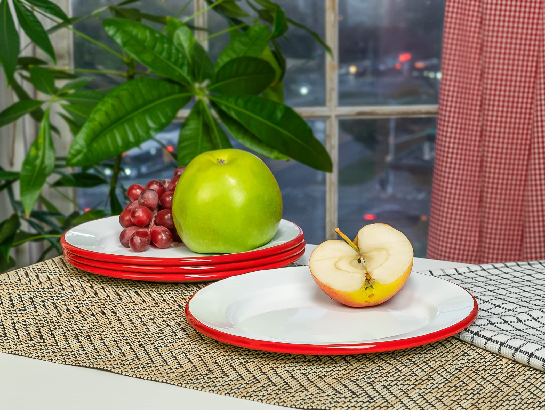 Red Co. Set of 4 Enamelware Metal Classic 8" Round Salad Plate, Solid White/Red Rim