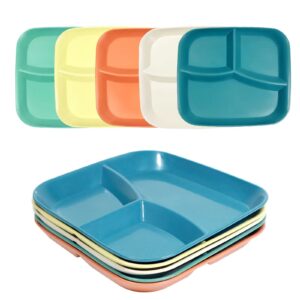 yueshenghao 10 inch wheat portion control dinner plates, 5 unbreakable adult separate plates, 3 compartment square kids food divider plates microwaveable, great for healthy eating and weight loss