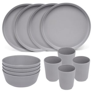 stephan roberts bamboo dinnerware set, eco-friendly bamboo fiber dinnerware, dishes set for 4, includes plates, bowls & cups, reusable unbreakable dishware set, gray, 12pc dinner set
