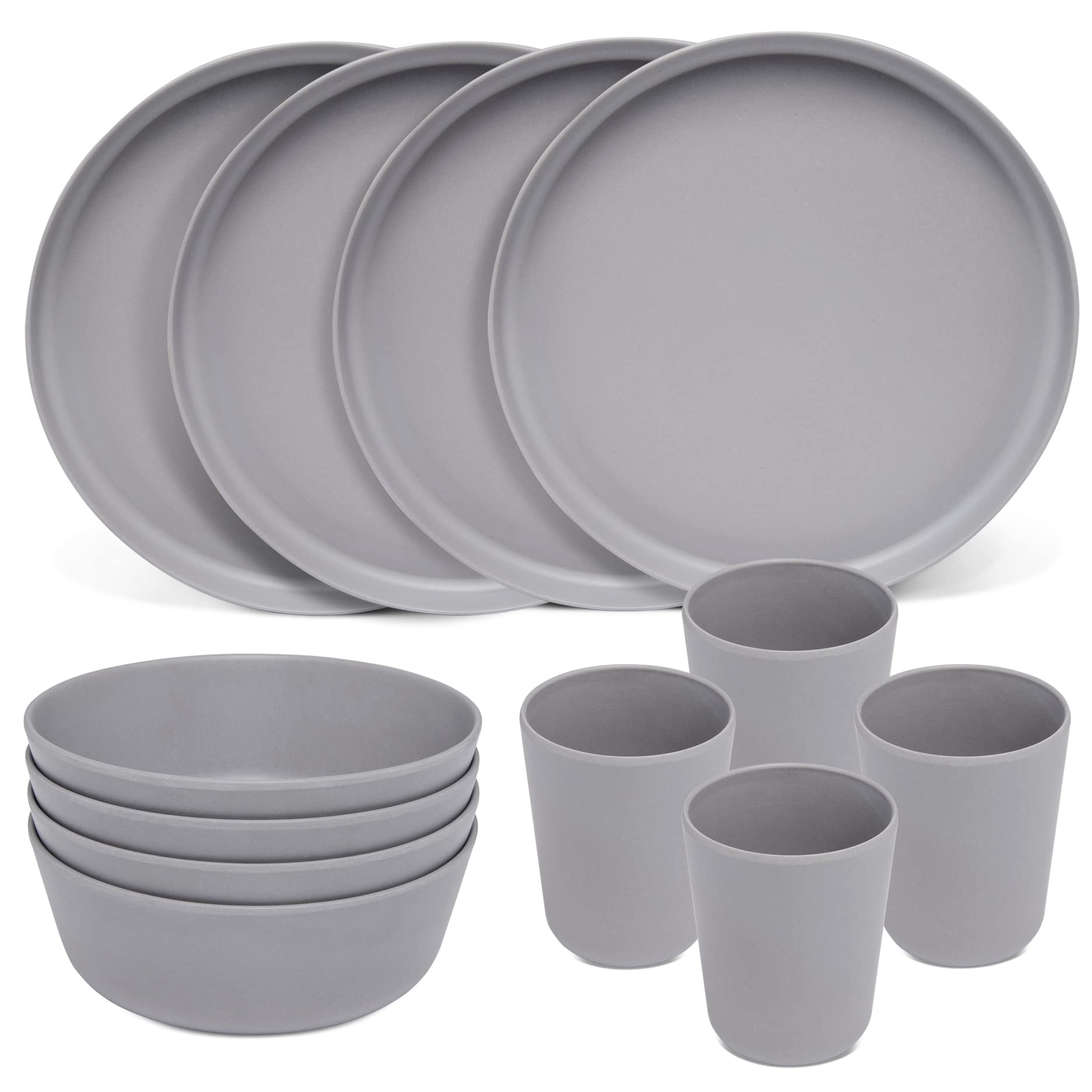 Stephan Roberts Bamboo Dinnerware Set, Eco-Friendly Bamboo Fiber Dinnerware, Dishes Set for 4, Includes Plates, Bowls & Cups, Reusable Unbreakable Dishware Set, Gray, 12PC Dinner Set