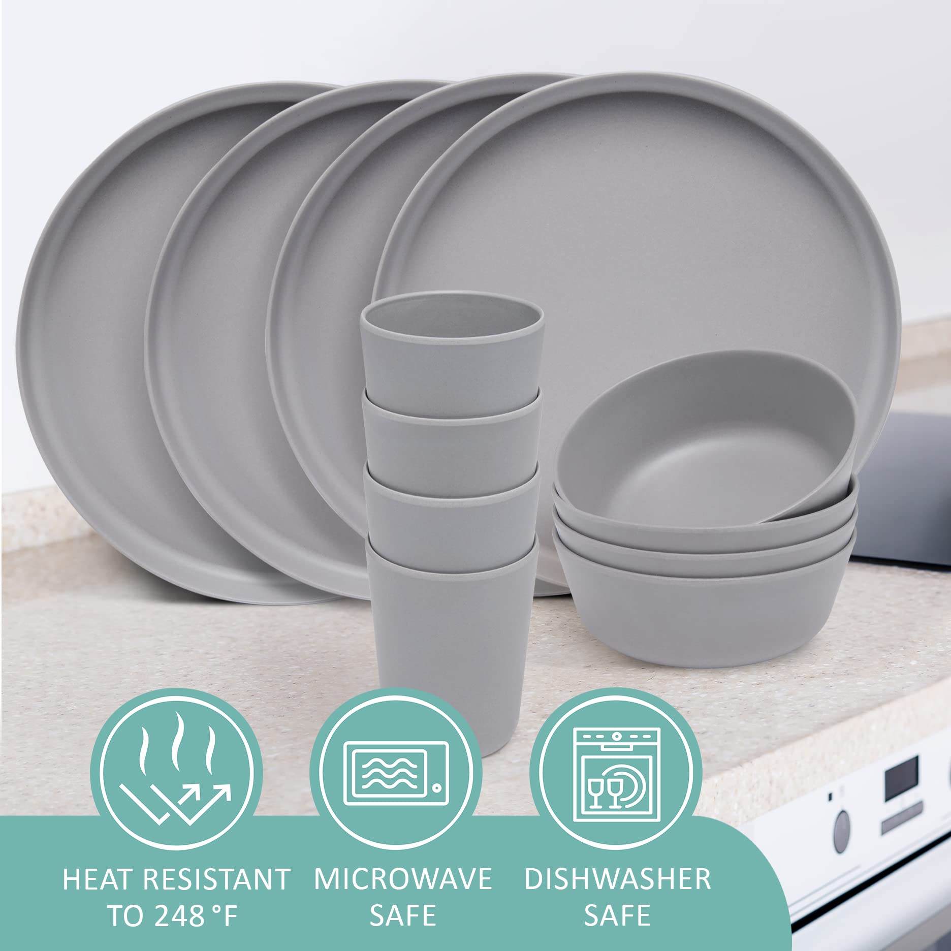 Stephan Roberts Bamboo Dinnerware Set, Eco-Friendly Bamboo Fiber Dinnerware, Dishes Set for 4, Includes Plates, Bowls & Cups, Reusable Unbreakable Dishware Set, Gray, 12PC Dinner Set