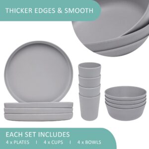 Stephan Roberts Bamboo Dinnerware Set, Eco-Friendly Bamboo Fiber Dinnerware, Dishes Set for 4, Includes Plates, Bowls & Cups, Reusable Unbreakable Dishware Set, Gray, 12PC Dinner Set