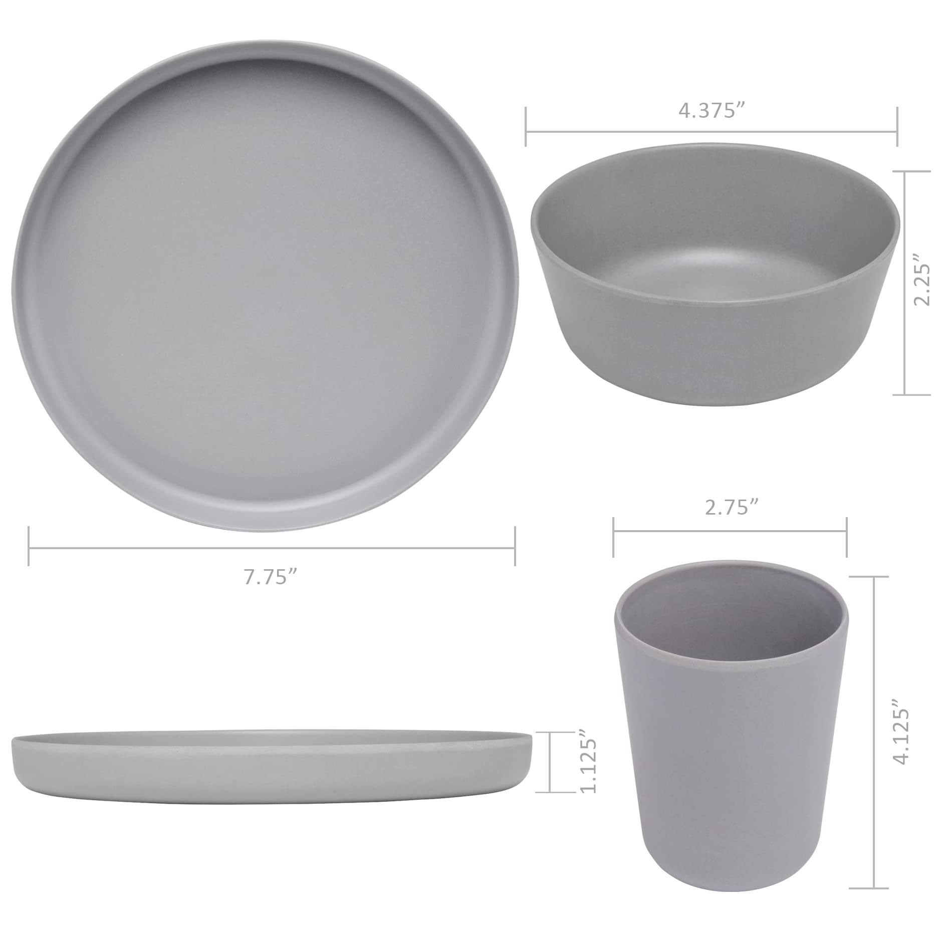 Stephan Roberts Bamboo Dinnerware Set, Eco-Friendly Bamboo Fiber Dinnerware, Dishes Set for 4, Includes Plates, Bowls & Cups, Reusable Unbreakable Dishware Set, Gray, 12PC Dinner Set