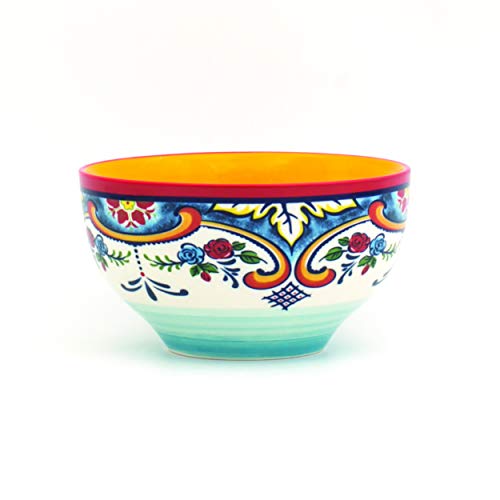 Euro Ceramica Zanzibar Collection Vibrant 5.6" Ceramic Cereal/Soup Bowls, Set of 4, Spanish Floral Design, Multicolor