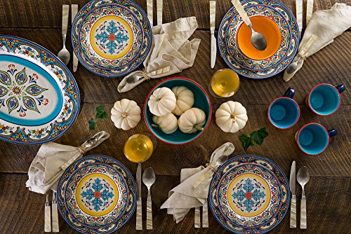 Euro Ceramica Zanzibar Collection Vibrant 5.6" Ceramic Cereal/Soup Bowls, Set of 4, Spanish Floral Design, Multicolor