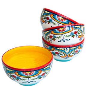 Euro Ceramica Zanzibar Collection Vibrant 5.6" Ceramic Cereal/Soup Bowls, Set of 4, Spanish Floral Design, Multicolor