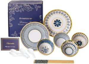 binvertaocier 14-piece porcelain asian bowls set with spoons rice bowls with chopsticks 10 oz bowls,small soup bowls,asian plates and bowls set, (modern blue)