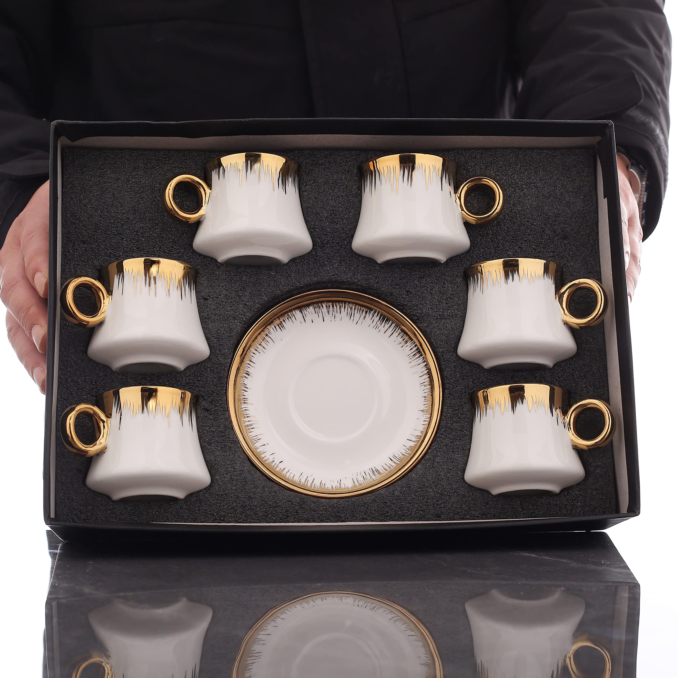 TGTAKDS Turkish Coffee Cup Set of 6 Demitasse Cups(3oz) with Golden Trim and Gift Box Espresso Cups with Saucer Sets for Festival Present