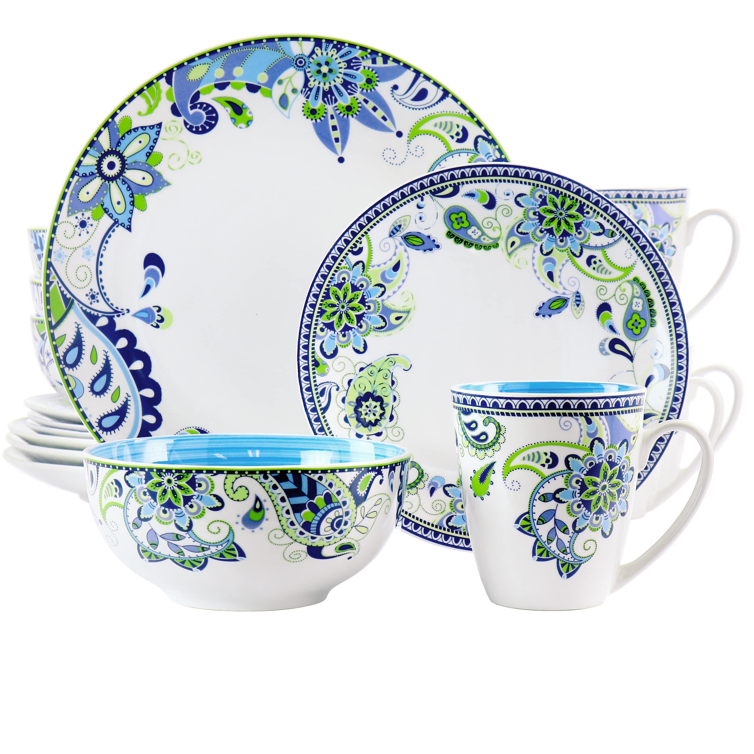 Elama Blue Crush 16 Piece Round Porcelain Dinnerware Set Mandala Paisley