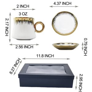 TGTAKDS Turkish Coffee Cup Set of 6 Demitasse Cups(3oz) with Golden Trim and Gift Box Espresso Cups with Saucer Sets for Festival Present