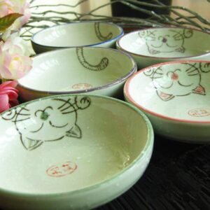 5pcs Ceramics Japanese Cat Seasoning Dishes Sushi Dipping Bowl Appetizer Plate Dessert Plate -3.5 Inch