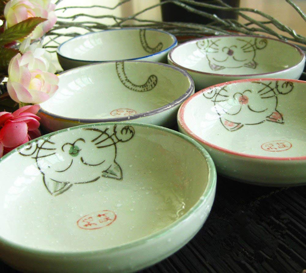 5pcs Ceramics Japanese Cat Seasoning Dishes Sushi Dipping Bowl Appetizer Plate Dessert Plate -3.5 Inch