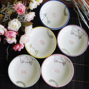 5pcs Ceramics Japanese Cat Seasoning Dishes Sushi Dipping Bowl Appetizer Plate Dessert Plate -3.5 Inch