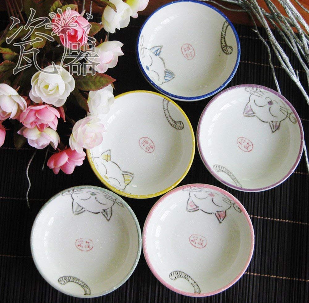 5pcs Ceramics Japanese Cat Seasoning Dishes Sushi Dipping Bowl Appetizer Plate Dessert Plate -3.5 Inch