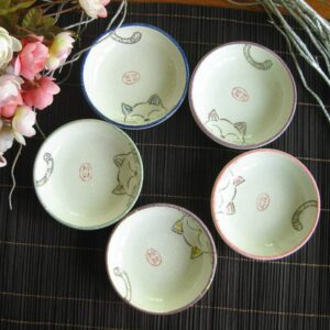 5pcs Ceramics Japanese Cat Seasoning Dishes Sushi Dipping Bowl Appetizer Plate Dessert Plate -3.5 Inch