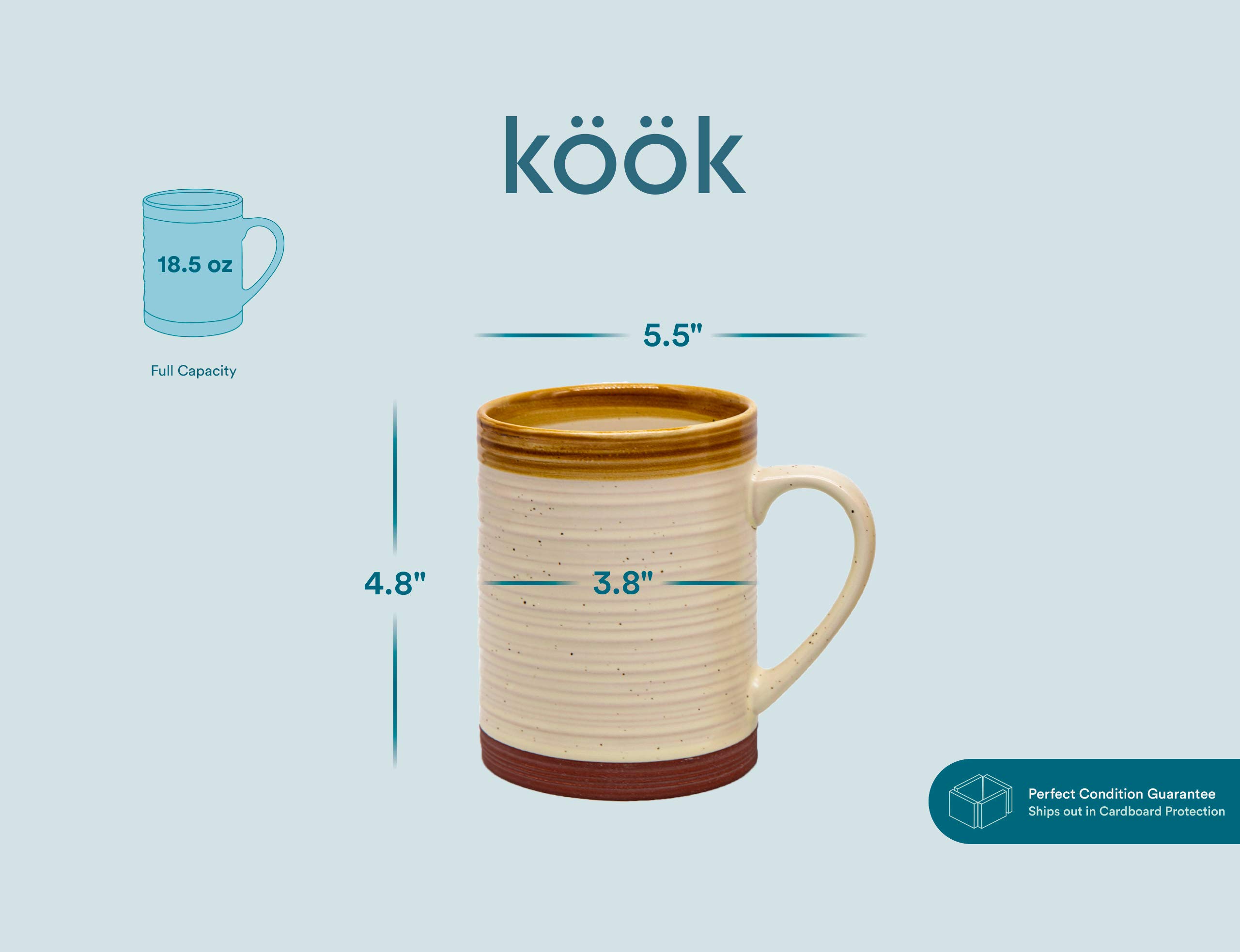 KooK Coffee Mug Set, Ceramic, Rustic Tan Brown, Terracotta Mugs, Microwave Safe, Speckled Finish, Use for Diner, Kitchen, Soup and Tea, 18.5 oz, Set of 2