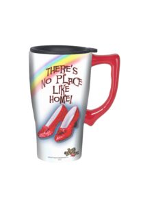 spoontiques ruby slippers ceramic travel coffee mug with lid and handle - wizard of oz double walled mug for hot and cold beverages - microwave and dishwasher safe, spill proof lid